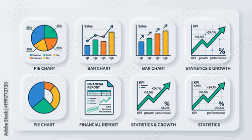 Eight vibrant vector icons featuring various financial charts and professional business data reports displayed in a clean rounded style format