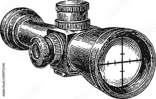 Vintage rifle scope with crosshair reticle detailed engraving illustration