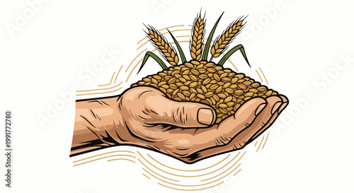 A human hand holds a generous pile of golden grains and wheat stalks