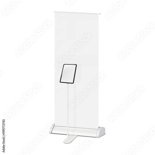 Blank white roll-up retractable banner with iPad stand. 3d mockup. Floor hybrid advertising display. Digital tablet kiosk with replacement graphics. Realistic vector mock-up. Template for design