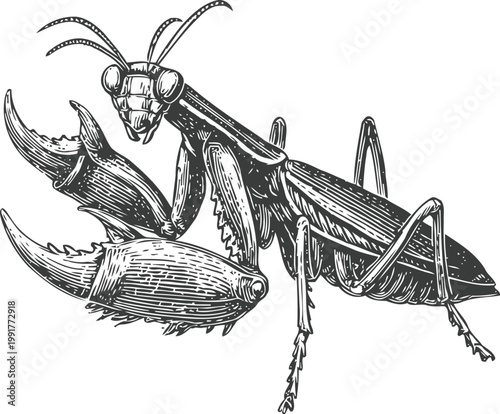 Detailed black and white illustration of a mantis shrimp with large claws and segmented body