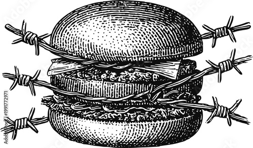 Hand drawn burger sandwich wrapped with barbed wire illustration danger concept of unhealthy fast food or forbidden junk meal