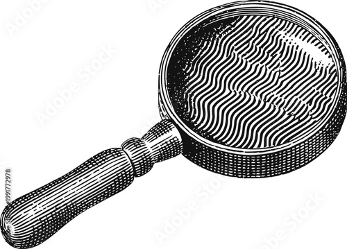 Vintage magnifying glass with wooden handle, detailed black and white engraving illustration