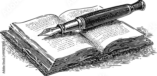 Vintage fountain pen resting on an open book with detailed engraving illustration