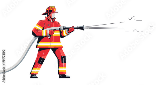 A dedicated firefighter in full protective gear holding a fire hose and spraying water.