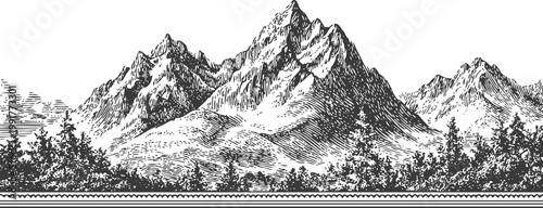 Vintage mountain landscape with pine trees and rocky peaks in engraved illustration
