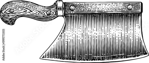 Vintage butcher cleaver illustration engraved meat cleaver with wooden handle in black and white