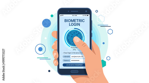 A modern smartphone displaying a biometric fingerprint authentication screen held by a human hand for secure mobile device user login