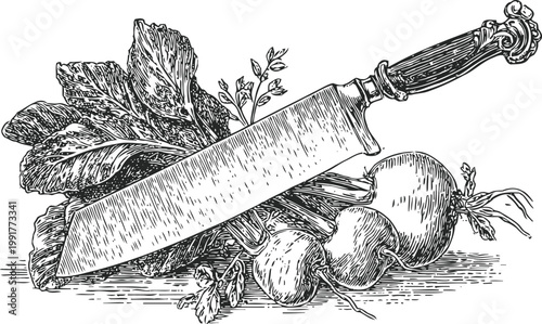Vintage kitchen knife laying on fresh leafy greens and round root vegetables illustration