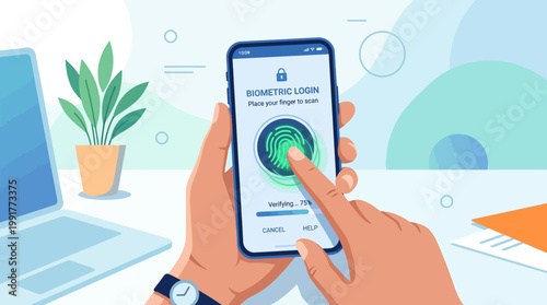 A person's hand securely logs into a mobile phone using a glowing biometric fingerprint scan for enhanced digital security and data protection.