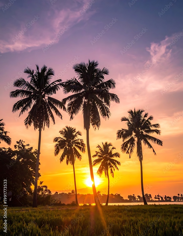 Obraz premium A serene tropical landscape at sunset with palm trees (1)