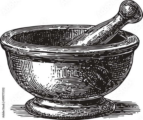 Vintage mortar and pestle illustration old fashioned kitchen tool for grinding and crushing herbs and spices retro engraving
