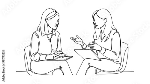 Continuous line drawing of two women having a business meeting.