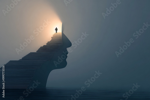 Concept of mental health and self development with human head silhouette and stairs leading to light, symbolizing inner growth, progress, motivation, awareness and achieving personal goals