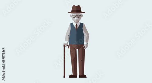Elderly Gentleman with Cane and Hat Standing Confidently.