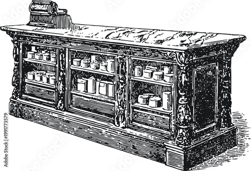 Vintage wooden apothecary counter with marble top and glass front cabinets filled with jars