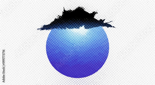 Abstract Blue Sphere Emerging from Dark Cloud.