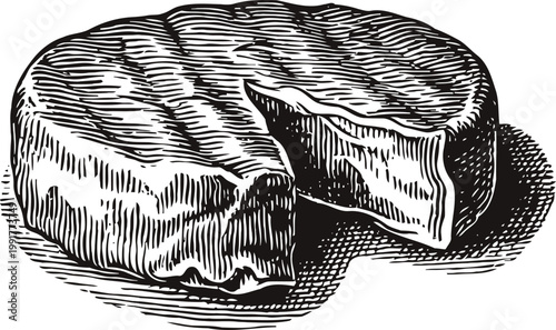 Hand drawn round cheese with a cut wedge vintage dairy product illustration