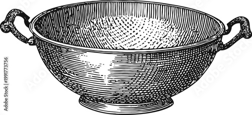 Vintage metal colander with handles, kitchen utensil for draining and rinsing food