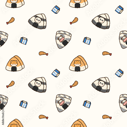Onigiri animal cartoon so cute. On Shiba Inu cow panda tempura milk background. Pattern seamless vector illustration. 