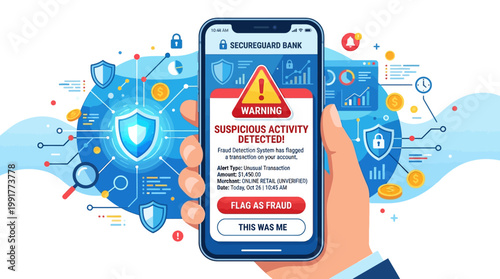 Hand holding smartphone displaying suspicious activity detected warning for secure bank transactions