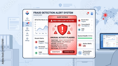 Fraud detection alert system displays high-risk warning for unusual flagged transaction activity details