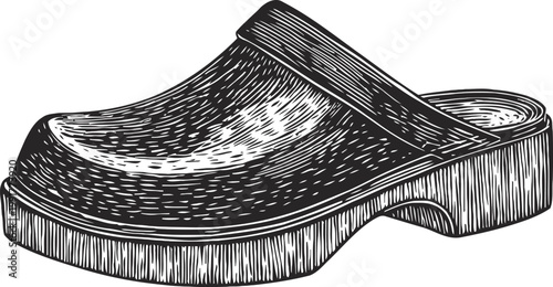 Wooden clog shoe illustration traditional carved footwear with detailed texture and sole design