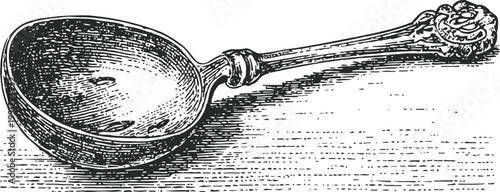 vintage ornate ladle with decorative handle, detailed black and white engraving illustration