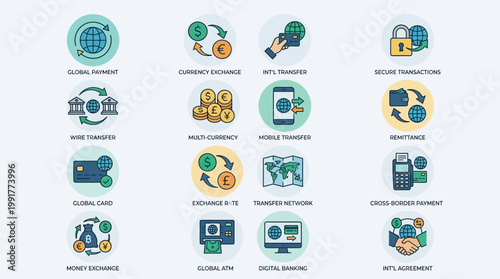 Collection of vector icons illustrating global payment, currency exchange, wire transfers, and secure transactions worldwide.