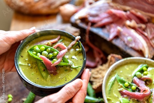 Photos Fresh pea soup with prosciutto.
