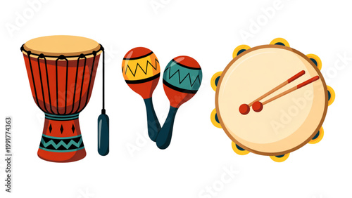 Colorful hand percussion instruments arranged on a surface