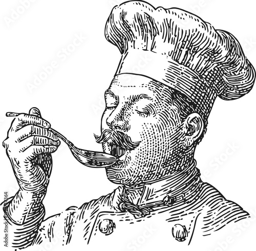 Vintage chef tasting soup with spoon classic cook enjoying food, culinary expert with mustache and hat