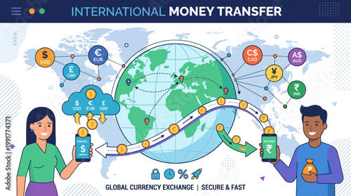 Two people use mobile phones to send and receive digital money across international borders through a global currency exchange network