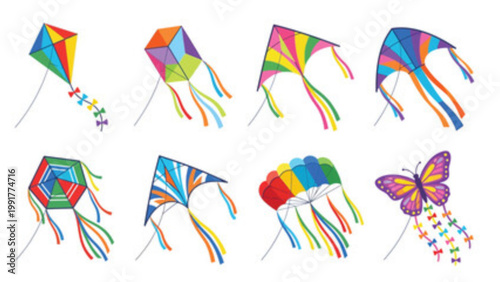 Colorful cartoon kites flying in a bright sky with dynamic ribbons and tails