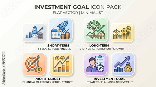 A comprehensive set of flat vector icons illustrating various financial investment goals for long-term and short-term wealth management business planning