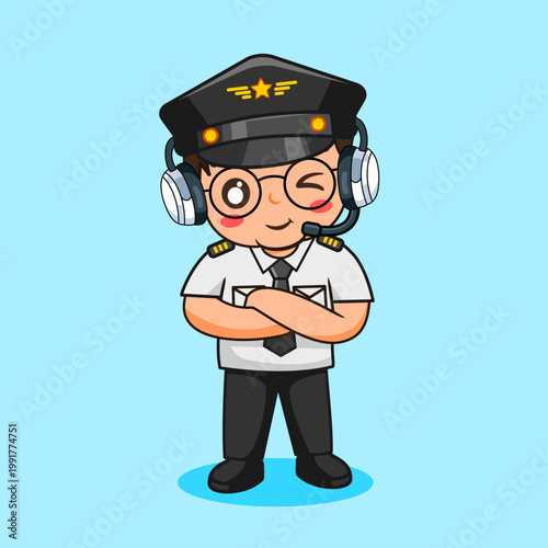Cute Pilot Winking with Crossed Arms Wearing Headphones Vector Illustration