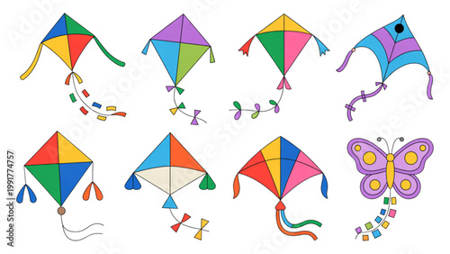 Colorful assortment of kites flying in a bright sky