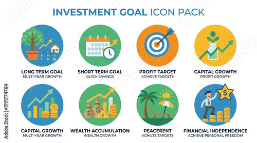 A comprehensive collection of colorful investment goal icons illustrating financial growth, wealth accumulation, and achieving personal targets.