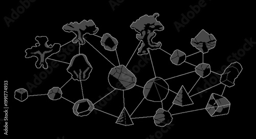 Abstract network of interconnected geometric and organic shapes.