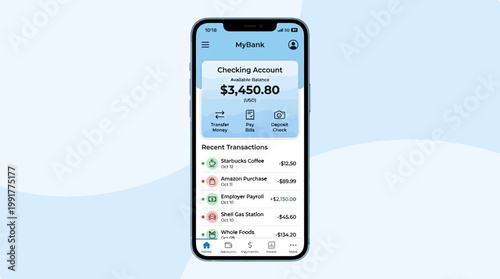 Mobile banking app displays checking account balance and recent financial transactions for easy money management.