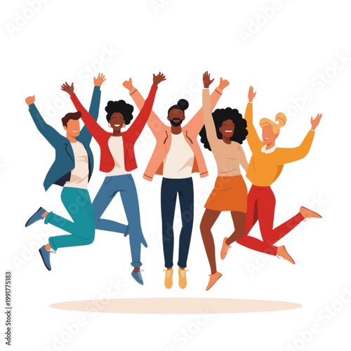 Diverse group of happy people jumping in the air celebrating success and joy together