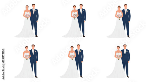 Group of six business professionals presenting with microphones in a line formation