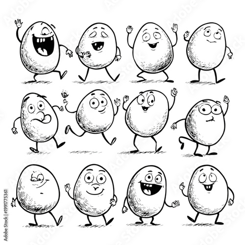 A charming collection of hand-drawn cartoon eggs, each with a unique expression and pose, conveying a range of playful emotions and actions