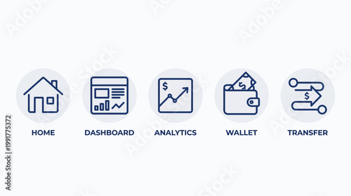 Five blue line icon set representing digital banking navigation menu options including home, dashboard, financial analytics, digital wallet, and secure currency money transfer