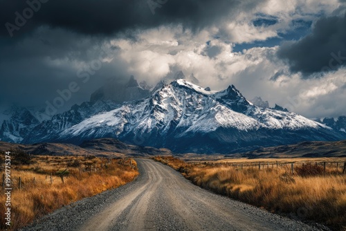 A gravel road leads to snow-capped mountains under dramatic stormy skies