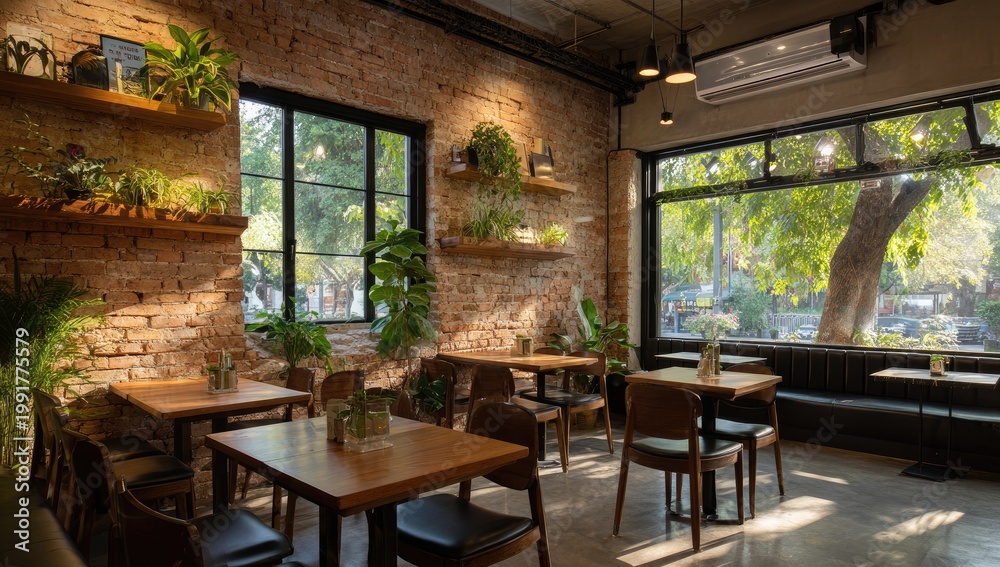 Fototapeta premium Cozy brick interior cafe with abundant plants and natural light