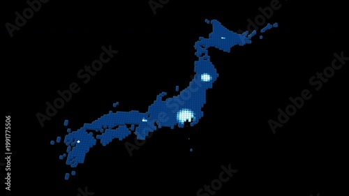 放射状に広がって色が変化していく青い日本地図（正方形グリッド）　透過アルファチャンネルあり