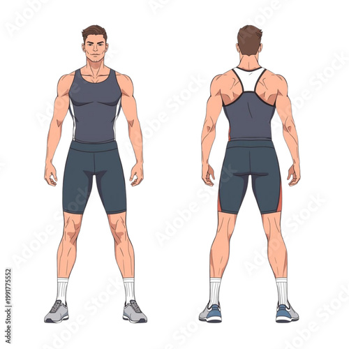 Athletic male model in sportswear, showcasing front and back views of a modern workout outfit designed for performance and style