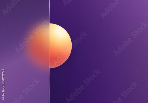 Abstract purple background divided by a translucent glass panel and a glowing orange sphere.