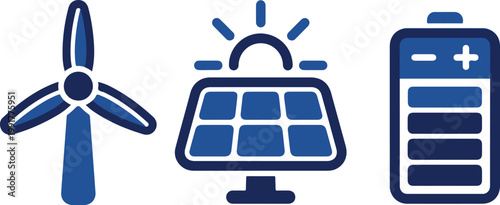 Renewable energy icons, solar panel, wind turbine, battery vector